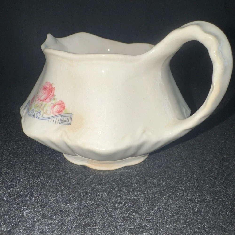 Rare 1941 Homer Laughlin Creamer Pitcher 3 Pink Peonies w/ Blue Geometric Scroll